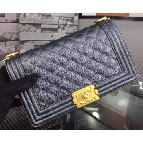 Geantă de umăr Chanel Boy Flap neagră, din piele de vițel originală A8708 aurie