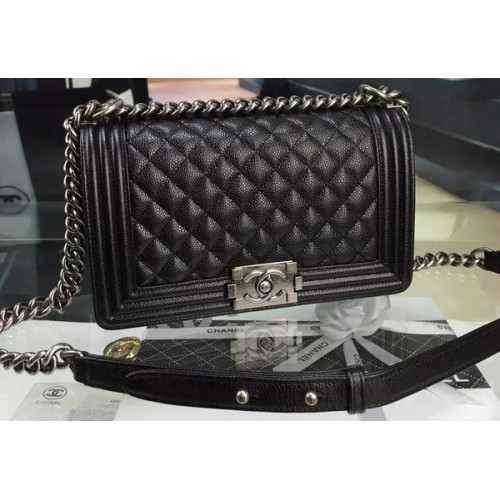 Geantă de umăr Chanel Boy Flap, neagră, din piele de vițel originală A8708 argintie