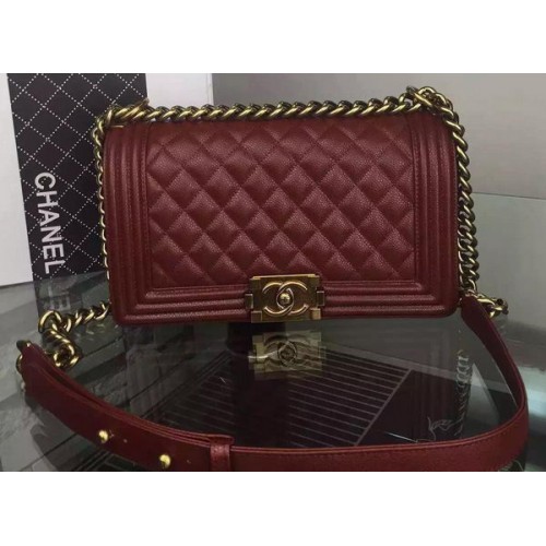 Geantă de umăr Chanel Boy Flap, culoare vișinie, din piele de vițel originală A8708 bronz