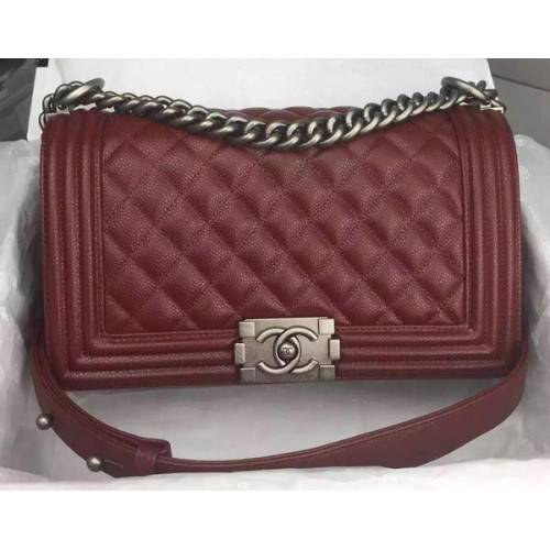 Geantă de umăr Chanel Boy Flap, din piele de vițel originală, culoare vișinie, A8708, argintie