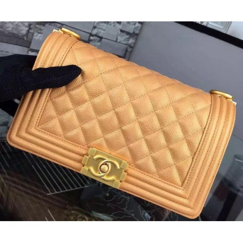 Geantă de umăr Chanel Boy Flap, aurie, din piele de vițel originală A8708, auriu