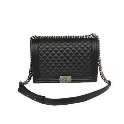 Geantă de umăr Chanel Boy Flap, piele de oaie neagră originală A67087 argintie