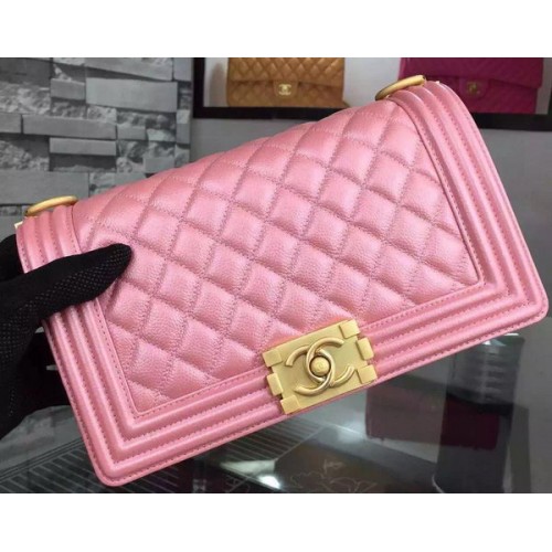 Geantă de umăr Chanel Boy Flap roz, piele de vițel originală A8708 aurie