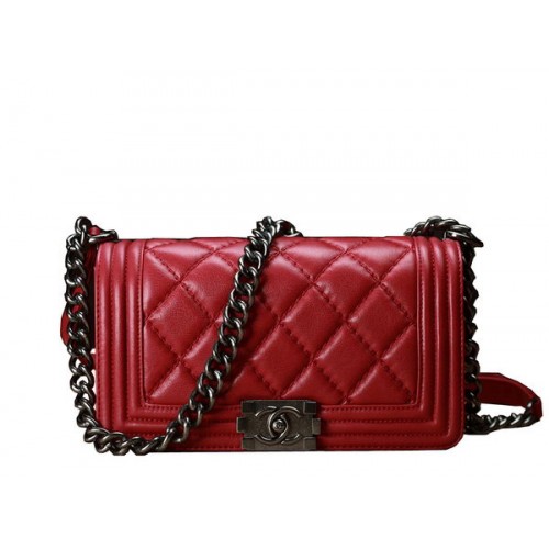 Geantă de umăr Chanel Boy Flap, roșie, din piele de vițel originală A67086, argintie