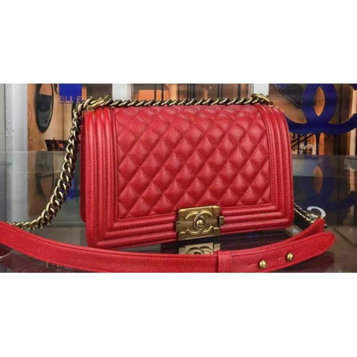 Geantă de umăr Chanel Boy Flap, roșie, din piele de vițel originală A8708 bronz