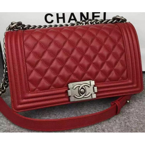Geantă de umăr Chanel Boy Flap, roșie, din piele de vițel originală A8708 argintie