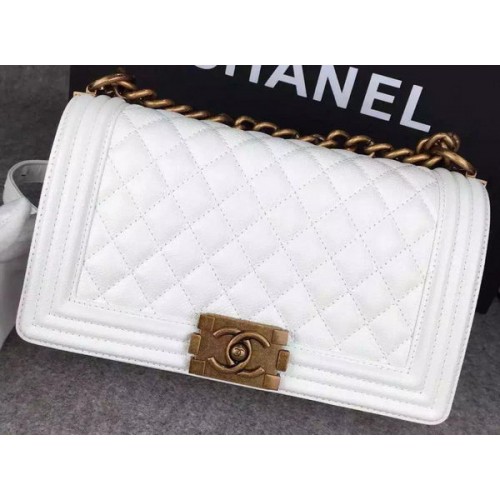 Geantă de umăr Chanel Boy Flap, albă, din piele de vițel originală A8708 bronz