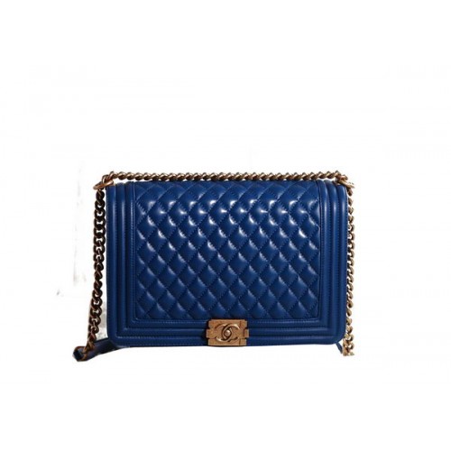 Geantă de umăr Chanel Boy cu clapă în piele RoyalBlue Original, aurie