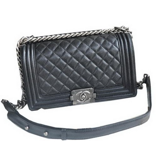 Genți de umăr Chanel Boy Flap, piele neagră cu model Cannage A67086 argintiu