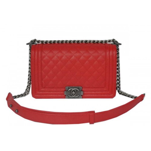 Genți de umăr Chanel Boy Flap, model Cannage roșu, piele A67086 argintiu