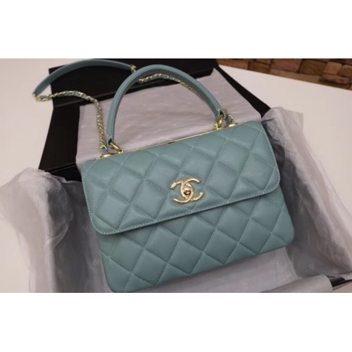 Geantă Chanel CC originală din piele de miel cu mâner superior 92236 verde și metal auriu