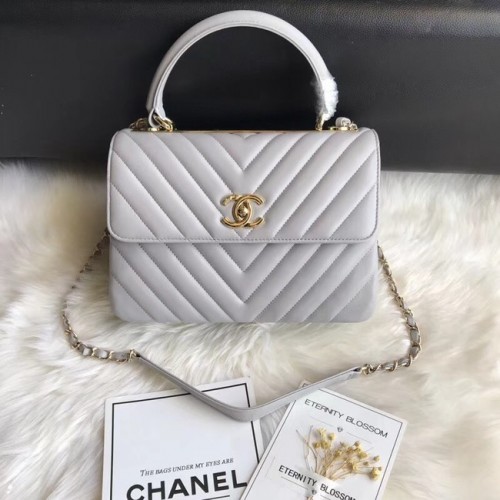 Geantă Chanel CC originală din piele de miel cu mâner superior 92236V cataramă gri aurie