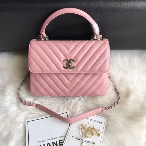 Geantă Chanel CC originală din piele de miel cu mâner superior 92236V cataramă roz argintie