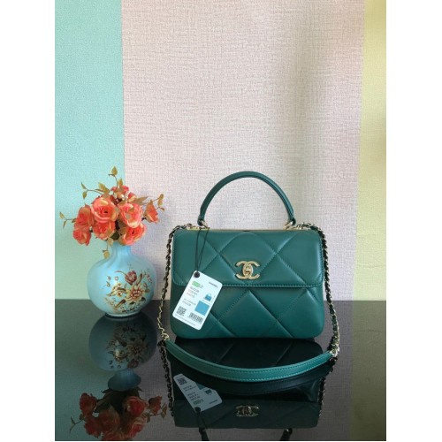 Geantă Chanel CC originală din piele de miel cu mâner superior A92236 verde închis și metal auriu