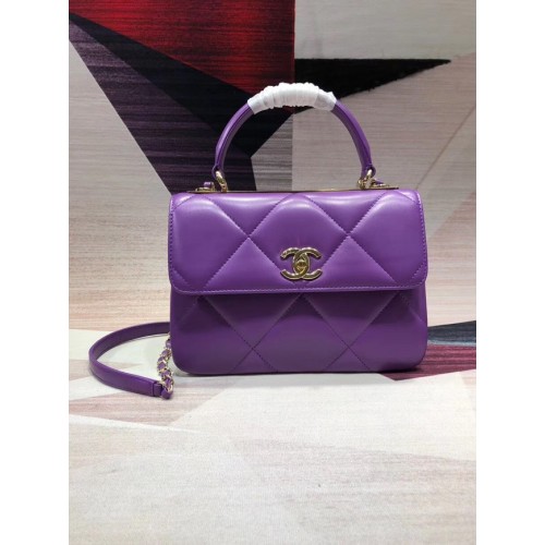 Geantă Chanel CC originală din piele de miel cu mâner superior A92236 violet și metal auriu