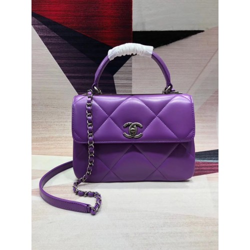 Geantă Chanel CC originală din piele de miel cu mâner superior A92236, metal violet și argintiu