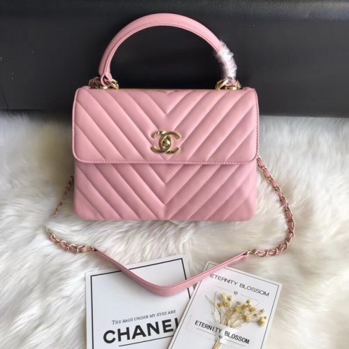 Geantă Chanel CC originală din piele de miel cu mâner superior A92236V cataramă aurie roz