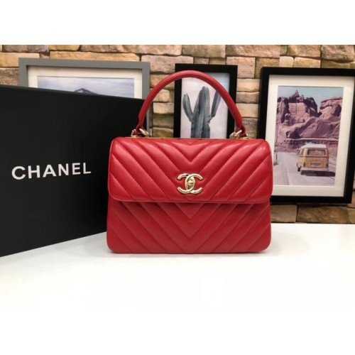 Geantă Chanel CC originală din piele de miel cu mâner superior V92236 roșie și metal auriu