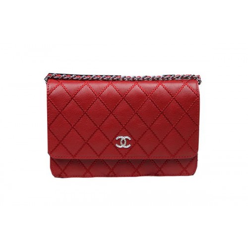 Geantă mini cu clapă Chanel CHA33814 din piele de vițel roșie originală, argintie