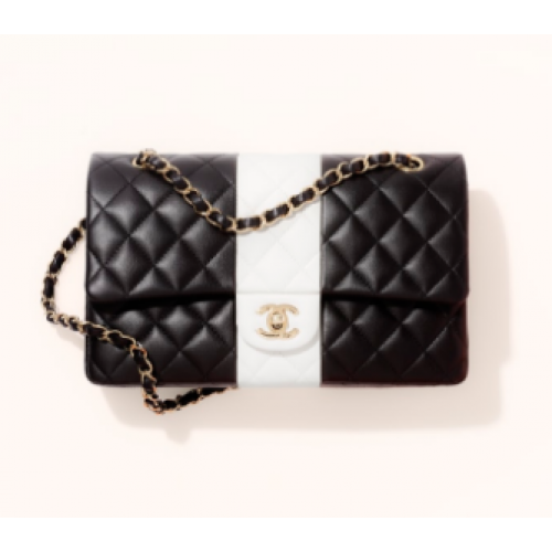 Chanel CLASSIC GEANTĂ DE MÂNĂ Piele de miel Metal auriu A01112 Negru Alb