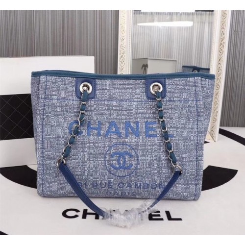 Geantă de cumpărături Chanel din pânză, piele de vițel, metal argintiu A23556 albastru