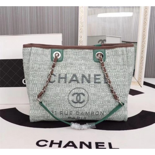 Geantă de cumpărături Chanel din pânză, piele de vițel, metal argintiu A23556 verde