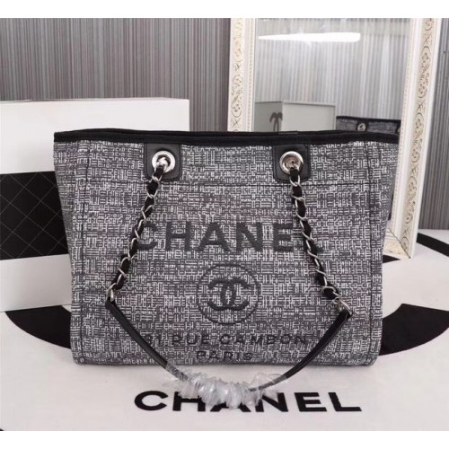 Geantă de cumpărături Chanel din pânză, piele de vițel, metal argintiu A23556 gri