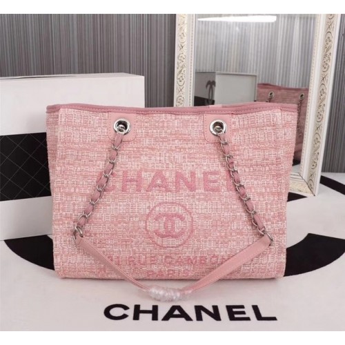 Geantă de cumpărături Chanel din pânză, piele de vițel, metal argintiu A23556 roz