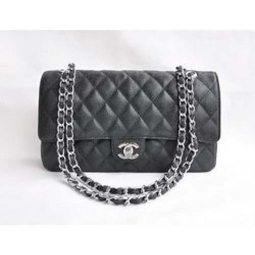 Geantă Chanel Classic 2.55 Series Black Caviar cu lanț argintiu matlasat și clapă 1113
