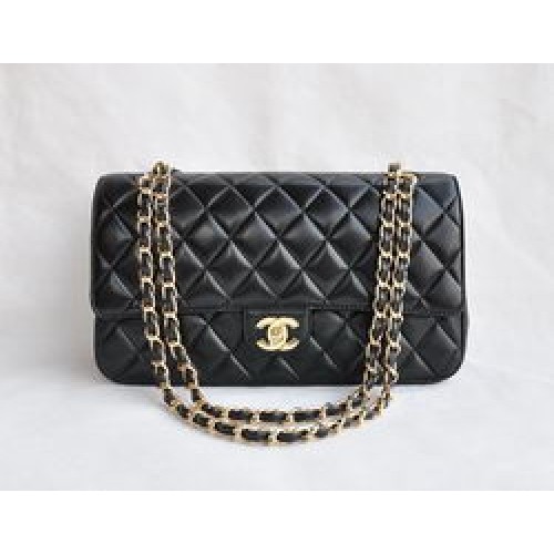 Geantă Chanel Classic 2.55 Series din piele de miel neagră cu lanț auriu matlasat cu clapă 1113