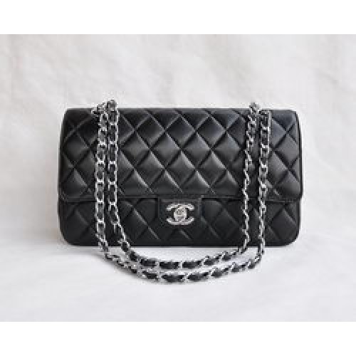 Geantă Chanel Classic 2.55 Series din piele de miel neagră cu lanț argintiu matlasat cu clapă 1113