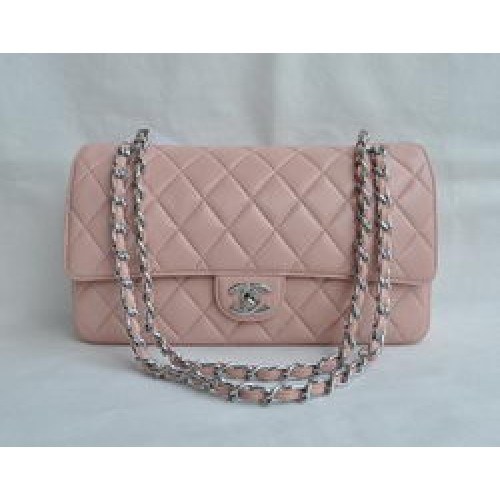 Geantă Chanel Classic 2.55 Series din piele de miel roz cu lanț argintiu matlasat cu clapă 1113