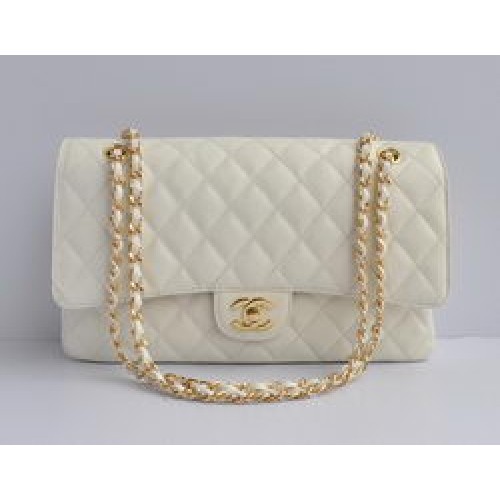 Geantă Chanel Classic 2.55 Series White Caviar Golden Chain Matlasată cu Clapă 1113