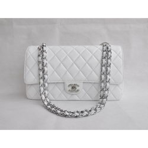 Geantă Chanel Classic 2.55 Series din piele de miel albă cu lanț argintiu matlasat cu clapă 1113