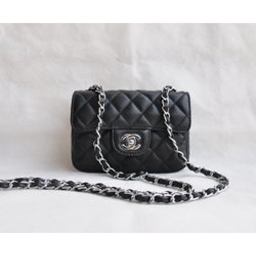 Geantă Chanel Classic Black Mielkine cu lanț argintiu matlasat și clapă 1115
