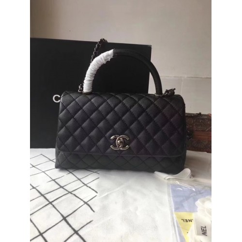 Geantă Chanel Classic Black Handle din piele neagră A92292 argintie