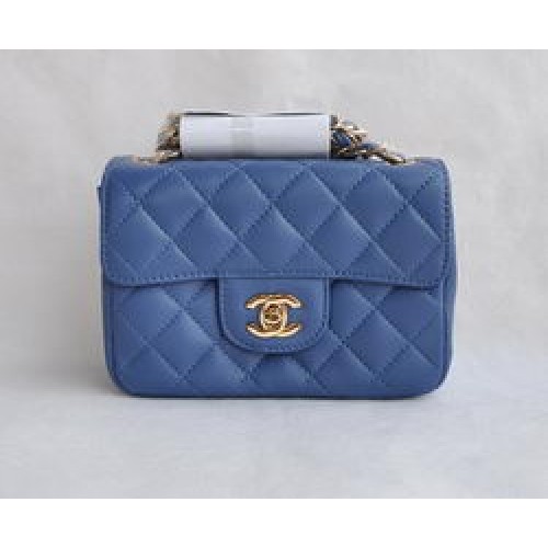 Geantă Chanel Classic Blue Lambskin cu lanț auriu și clapă matlasată 1115