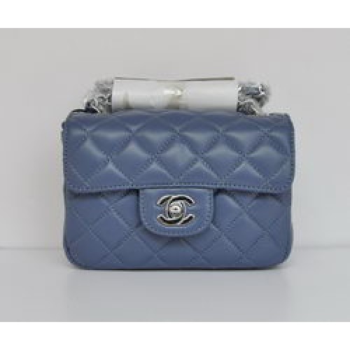 Geantă Chanel Classic Blue Lambskin cu lanț argintiu și clapă matlasată 1115
