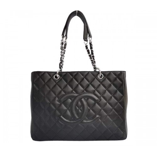 Geantă de cumpărături Chanel Classic CC ieftină A20995 Negru din piele de miel argintiu