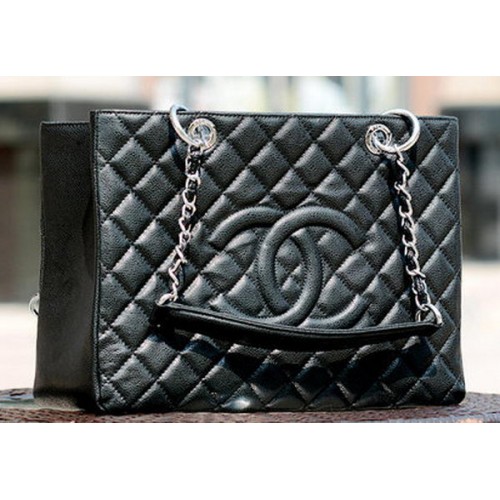 Geantă Chanel Classic Coco neagră cu GST model Cannage A50995 argintie