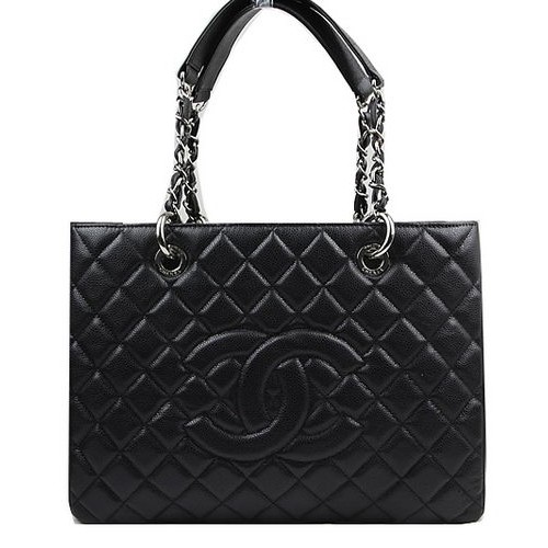 Geantă Chanel Classic Coco neagră GST Caviar Leather A50995 Argintie
