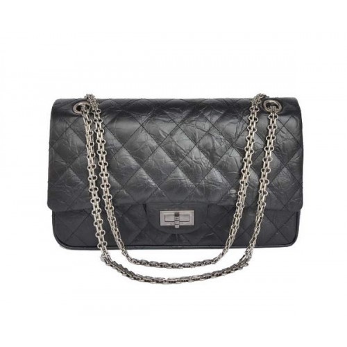Geantă Chanel Classic Falp neagră glazurată din piele crapată A28668 negru argintiu