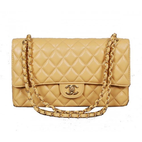 Geantă Chanel Classic Flap 1113 Piele de oaie aurie, culoare caisă