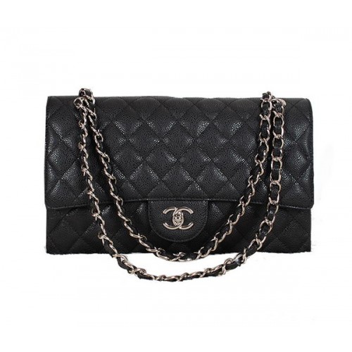 Geantă Chanel Classic Flap 1113 Negru Original Cannage Model Piele Argintiu