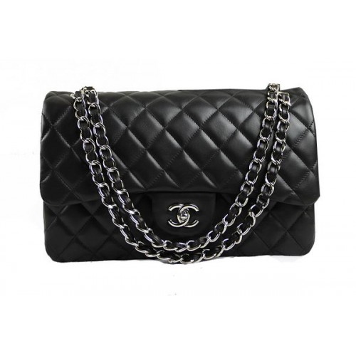 Geantă Chanel Classic Flap 1113 Negru Original din piele de oaie argintie