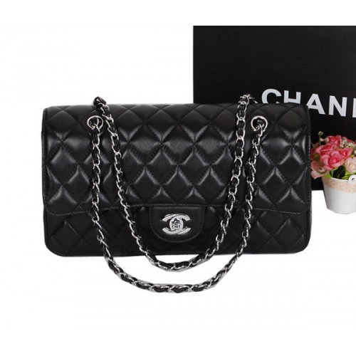 Geantă Chanel Classic Flap 1113 Neagră din piele de oaie Argintie