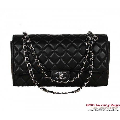 Geantă Chanel Classic Flap 1113 Neagră din piele de oaie argintie