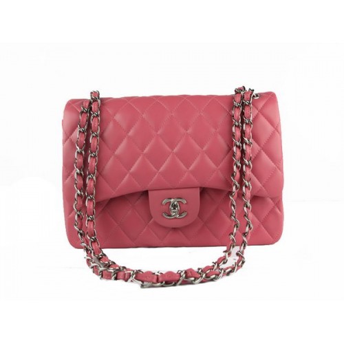 Geantă Chanel Classic Flap 1113 roz, piele de oaie originală, argintie