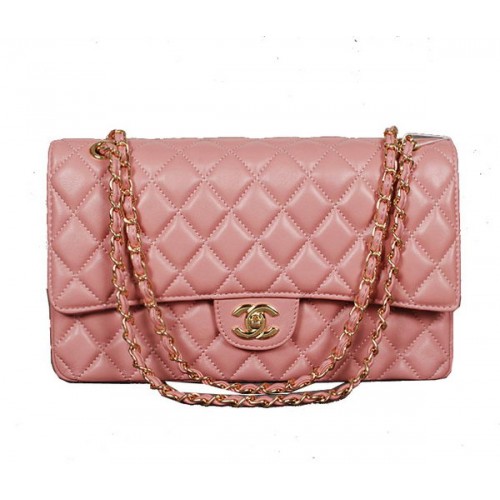 Geantă Chanel Classic Flap 1113 din piele de oaie roz, aurie