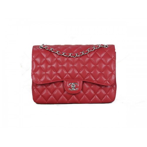 Geantă Chanel Classic Flap 1113 Roșie Originală Model Cannage Piele Argintie